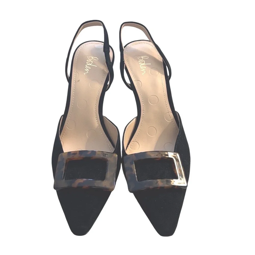 Boden Black Suede Slingback Pumps Tortoise Buckle Pointed Toe Heel Womens 39 / 8